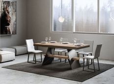 Table à rallonges bois clair et pieds métal gris 6 à 20 places L 180 à 440 cm Bary