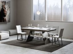Table à rallonges effet marbre blanc et pieds métal gris 6 à 12 places L 160 à 264 cm Bary