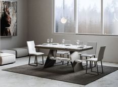 Table à rallonges effet marbre blanc et pieds métal gris 8 à 20 places L 180 à 440 cm Bary