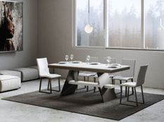 Table à rallonges frêne blanc et pieds métal gris 8 à 20 places L 180 à 440 cm Bary