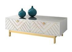 Table basse 2 tiroirs bois blanc et pieds métal doré Valdi 130 cm