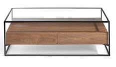 table basse 2 tiroirs bois de noyer et pieds métal noir Baliko 120 cm