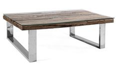 Table basse carrée plateau bois massif recyclé et verre trempé sur pieds acier chromé Stany 100 cm