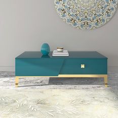 Table basse design 2 tiroirs bois bleu et pieds métal doré Azuro L 130 cm