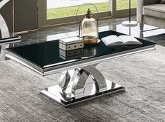 Table basse design acier inoxydable poli et verre trempé noir Milla 130 cm