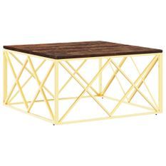 Table basse doré acier inoxydable et bois massif récupération