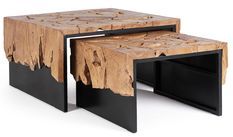 Table basse gigogne carrée en racines de teck et acier noir Greka 100 cm - Lot de 2