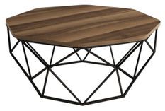 Table basse octogonale bois noyer et pieds acier noir Diva 90 cm