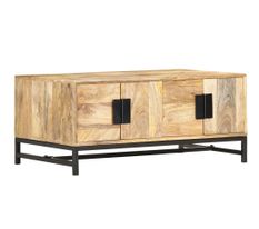 Table basse rectangulaire 4 portes manguier massif clair et métal noir Mitu