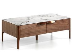 Table basse rectangulaire bois noyer et plateau en marbre céramique blanc Mykal