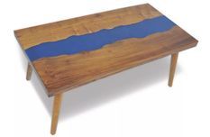 Table basse rectangulaire teck massif foncé et résine bleu Tamie