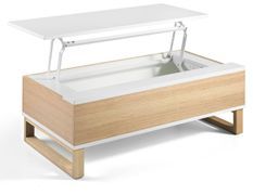 Table basse relevable en bois laqué blanc et bois de hêtre naturel Valeto 110 cm
