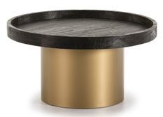 Table basse ronde bois foncé et métal doré D 80 cm