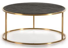 Table basse ronde bois foncé et pieds métal doré D 76 cm