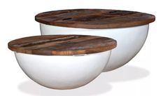 Table basse ronde bois foncé recyclé et métal blanc Leh - Lot de 2