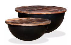 Table basse ronde bois foncé recyclé et métal noir Leh - Lot de 2