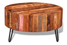 Table basse ronde bois massif foncé recyclé et métal noir Inah