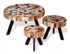 Table basse ronde bois massif recyclé multicolore et pieds métal noir