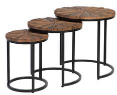 Table basse ronde gigogne style industriel bois recyclé et métal noir laqué mat Karat - Lot de 3