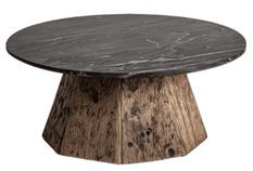Table basse ronde marbre de noir et pieds bois massif recyclé Wader 80 cm