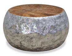 Table basse ronde métal argenté et teck massif foncé Vedi