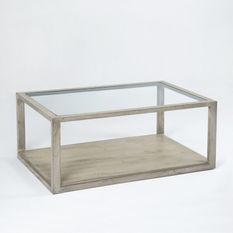 Table basse verre et bois massif gris voilé 110 cm