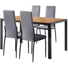 Table bois clair et 4 chaises velours gris pieds métal noir Arber