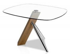 Table carrée plateau verre pieds bois noyer et acier Vernas 120 cm