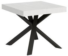Table carrée 90x90 cm extensible 90 à 184 cm blanc et pieds arrondis entrelacés anthracite Karzy