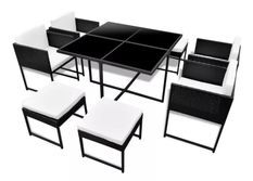 Table carrée et 4 chaises de jardin résine tressée noir coussins blanc Chaz