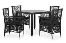 Table carrée et 4 chaises de jardin résine tressée noir coussins gris Kaila