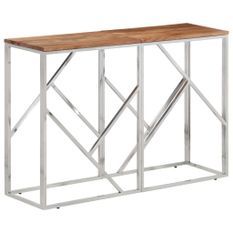 Table console argenté acier inoxydable et bois massif d'acacia