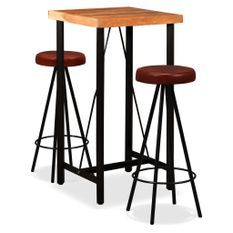 Table de bar bois de Sesham massif et 2 tabourets cuir marron Spani