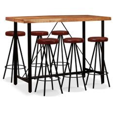 Table de bar bois de Sesham massif et 6 tabourets cuir marron Spani