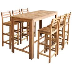 Table de bar rectangulaire bois d'acacia massif et 6 tabourets naturel Zeni