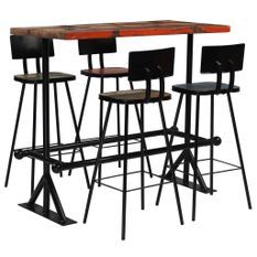 Table de bar rectangulaire bois recyclé massif multi couleurs et 4 tabourets industriel