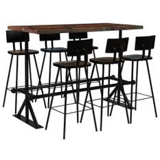 Table de bar rectangulaire bois recyclé massif multi couleurs et 6 tabourets industriel