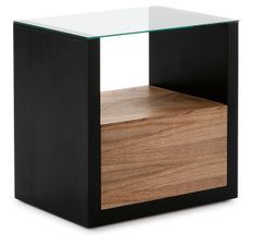 Table de chevet 1 niche 1 tiroir bois noir et foncé et verre Kanie