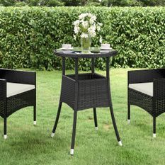 Table de jardin Ø60x75 cm Verre trempé/résine tressée Noir