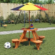 Table de pique-nique pour 4 enfants avec parasol rond sapin