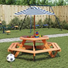 Table de pique-nique pour 6 enfants avec parasol hexagone sapin