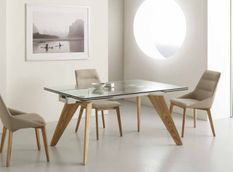 Table de repas extensible 160/240 cm plateau en verre et piétement bois massif de frêne naturel Karone