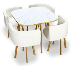 Table effet marbre blanc et 4 chaises simili cuir pieds métal doré Manda