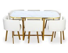 Table effet marbre et 6 chaises simili cuir blanc pieds métal doré Manda