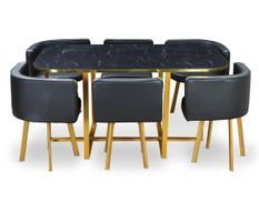 Table effet marbre et 6 chaises simili cuir noir pieds métal doré Manda