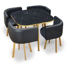 Table effet marbre noir et 4 chaises simili cuir pieds métal doré Manda