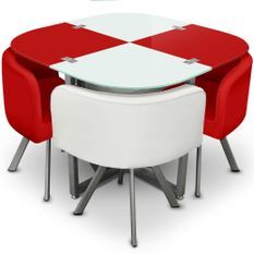 Table et 4 chaises rouge et blanc pieds métal chromé Mozza