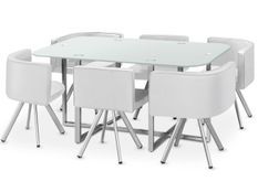 Table et 6 chaises verre blanc et pieds métal chromé Mozza