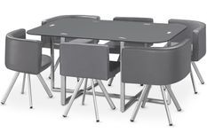 Table et 6 chaises verre gris et pieds métal chromé Mozza