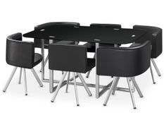 Table et 6 chaises verre noir et pieds métal chromé Mozza